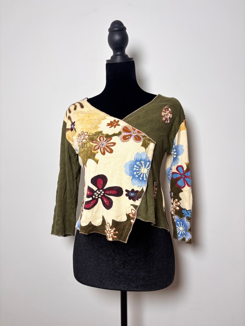 Vtg Y2K Derhy Green Fairygrunge Wrap Top Beaded Flower Appliqués Size M